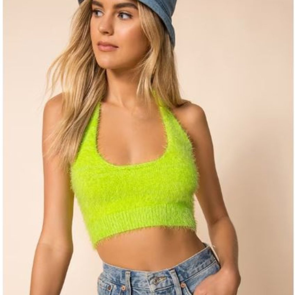 Superdown kimber knit halter top Lime Green Neon Fuzzy Crop Top M